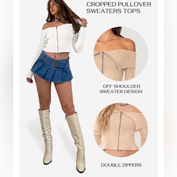 REORIA Off-Shoulder Beige Sweater with 2-Way Zipper Size Small NWT - Picture 7 of 16